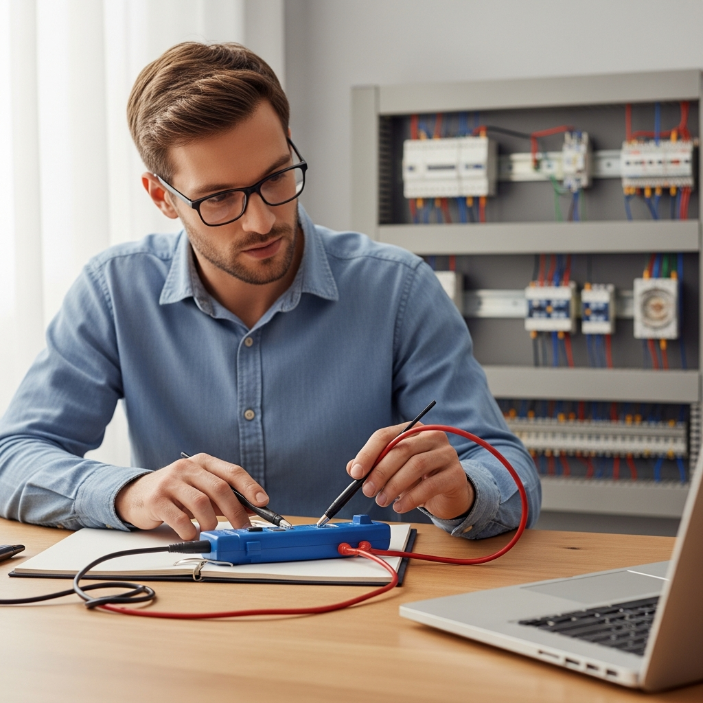 A man testing with a multimeter.